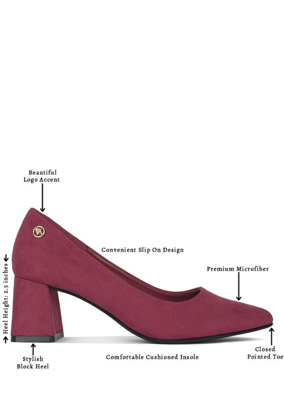 Burgundy block heel pumps with slip-on design, cushioned insole, closed pointed toe