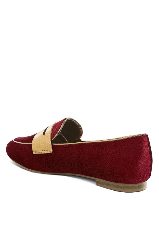 Burgundy velvet penny strap loafers, heel side view, closed round toe