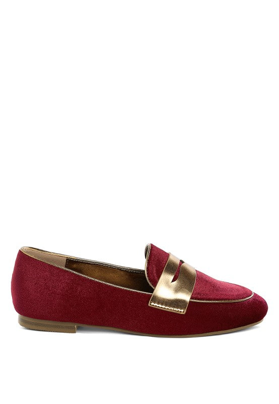 Burgundy velvet penny loafer with metallic strap, flat sole, closed round toe