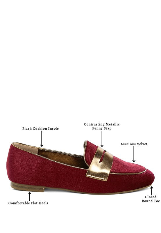 Burgundy velvet loafers with plush insole, metallic penny strap, flat closed toe