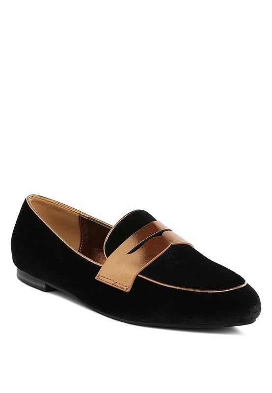 Black velvet penny strap loafers with metallic strap and cushioned insole