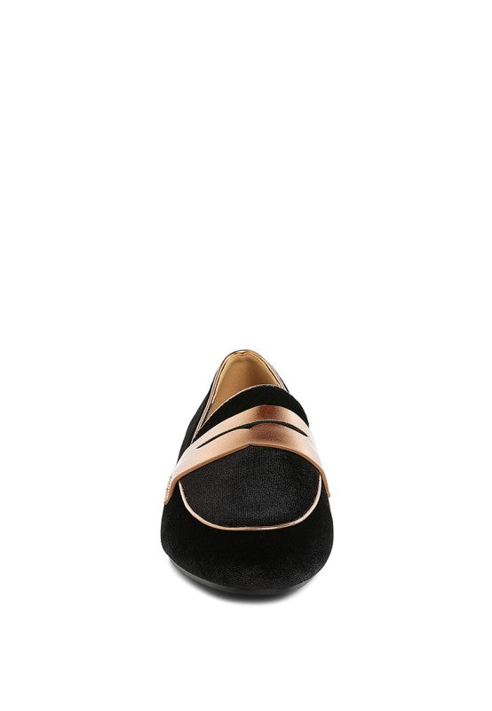 Black velvet penny strap loafers, front view, metallic strap detail