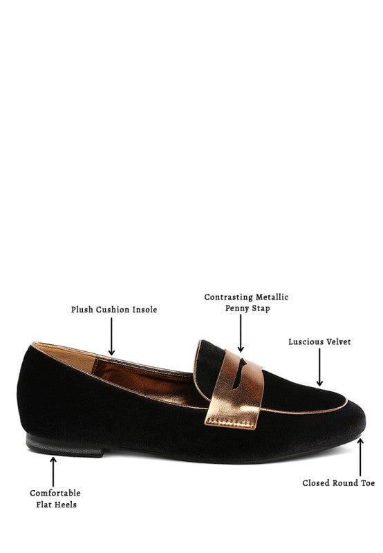 Black velvet loafers with plush insole, metallic penny strap, flat closed toe
