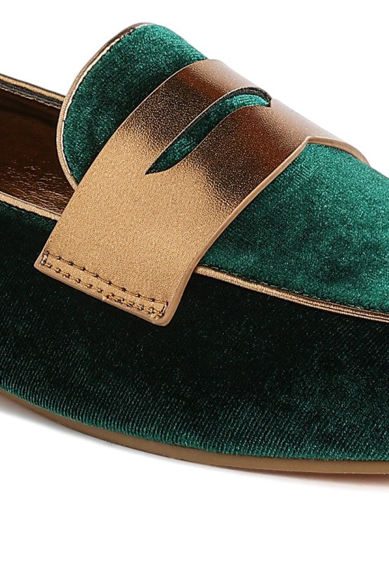 Dark green velvet loafer with contrasting metallic penny strap and stitching