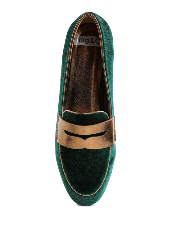 Dark green velvet slip-on loafer with metallic penny strap across vamp