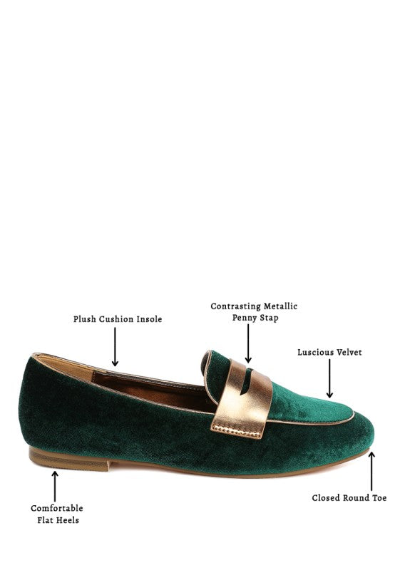 Dark green velvet penny loafer, metallic strap, closed round toe, flat heel