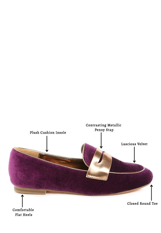 Purple velvet penny loafer with metallic strap, closed round toe, flat heel