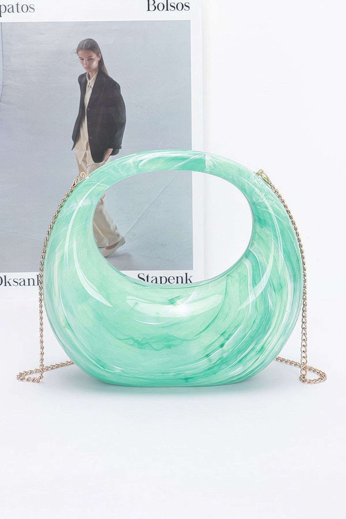 Marble Plastic Bag verde menta, asas de cadena, forma redonda con asa interior