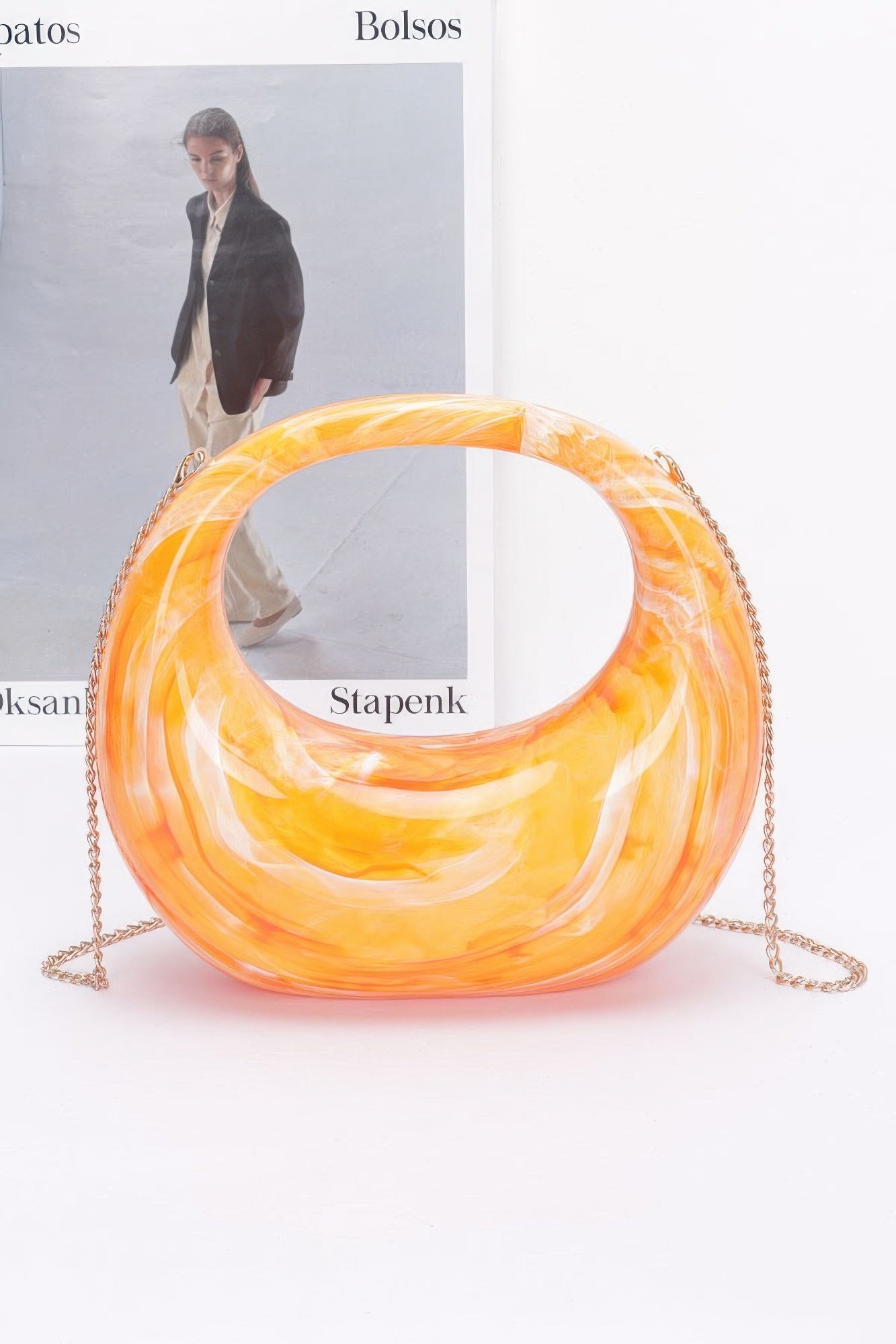 Marble Plastic Bag naranja mostaza, asas de cadena, anillo translúcido jaspeado