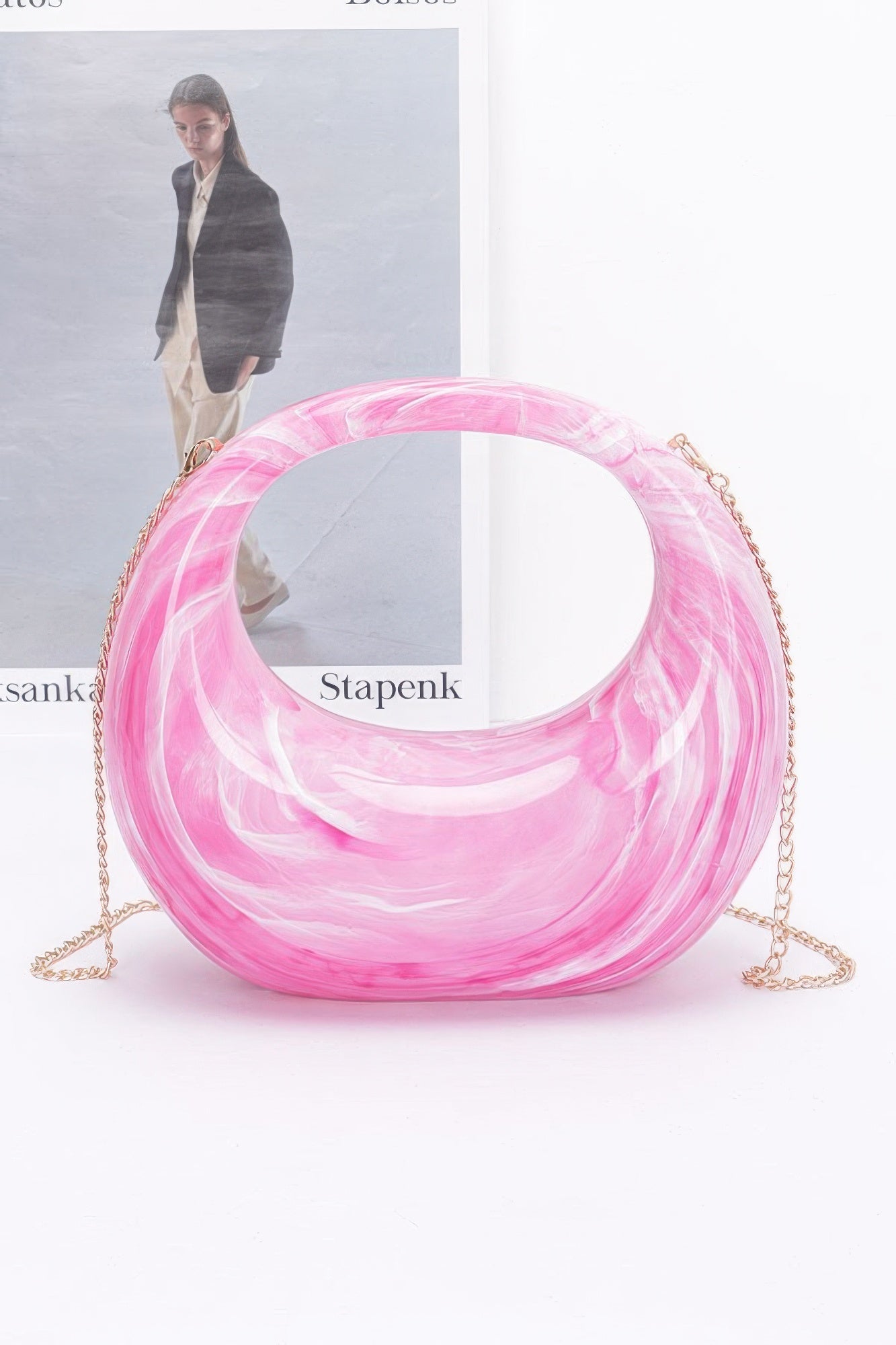 Marble Plastic Bag fucsia, asas de cadena, bolso anillo translúcido con jaspeado