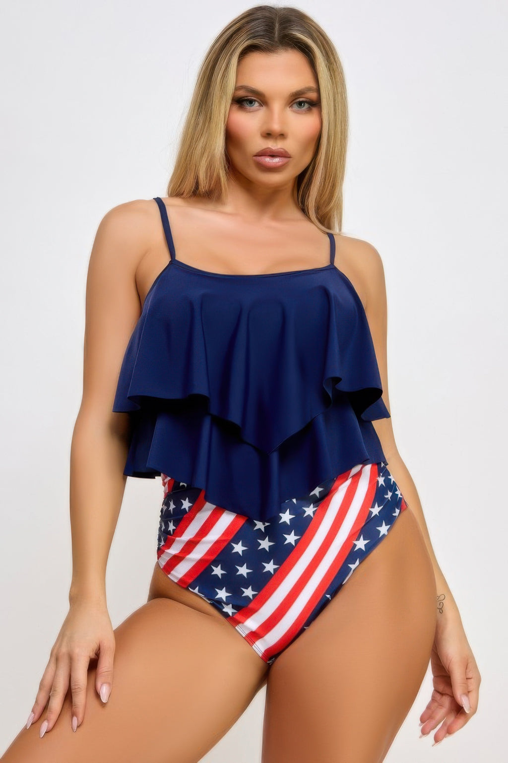 Margaret Tankini Set Navy mit Rüschen, verstellbaren Trägern und US-Flaggenhose