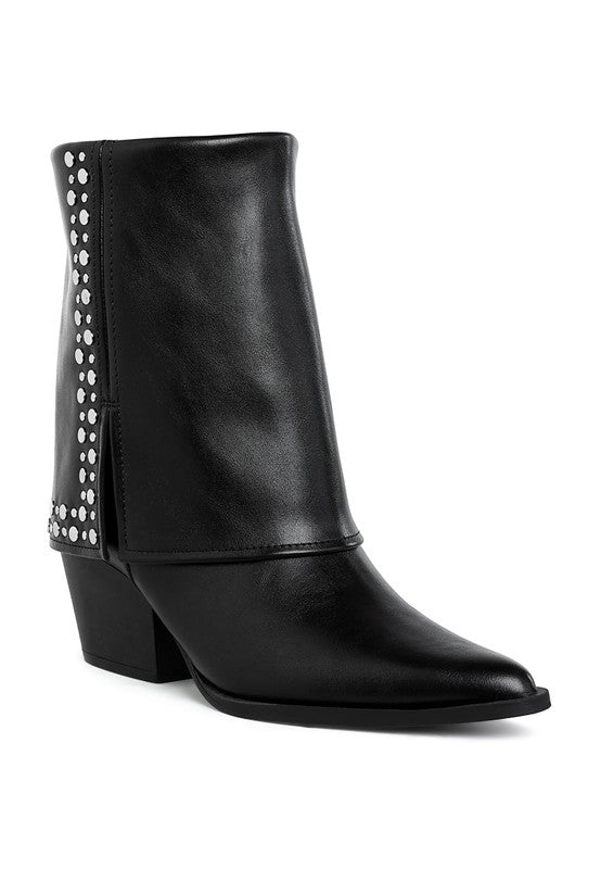 Black foldover ankle boots with studded side embellishment and block heel