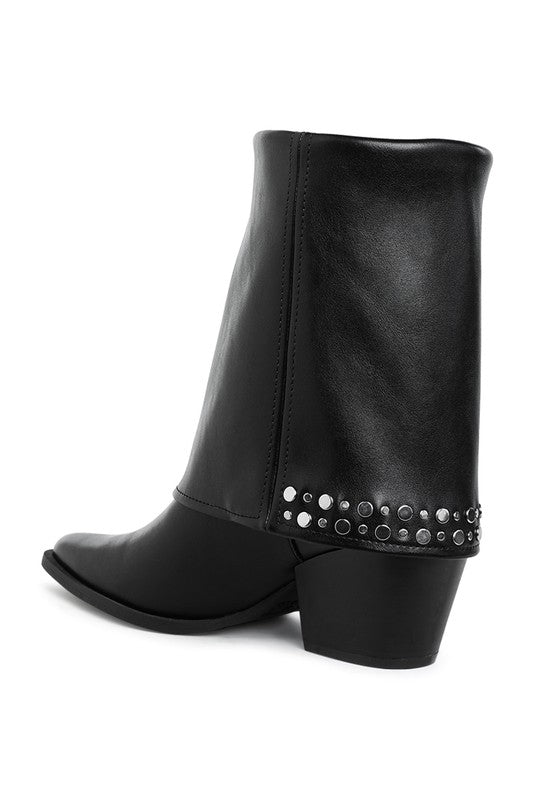 Black foldover boots with studded cuff band, outer side view, block heel