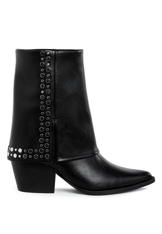 Black foldover ankle boots with silver stud row on back panel and block heel