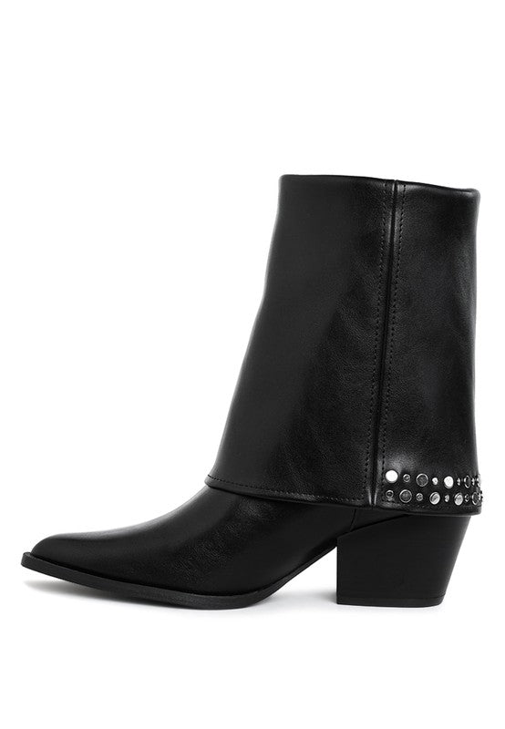 Black foldover boots with silver-stud cuff detail and mid-height block heel