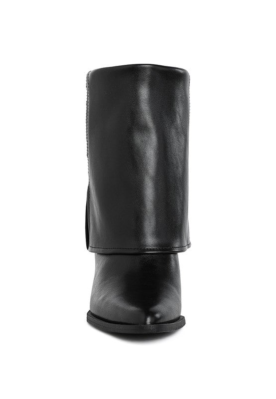 Black foldover boots, smooth back view with stitched seam and block heel