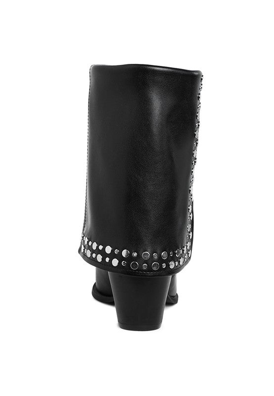 Black foldover boots heel view with silver studded trim around the cuff