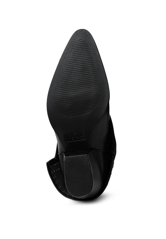 Black boot sole view with textured traction pad and heel base