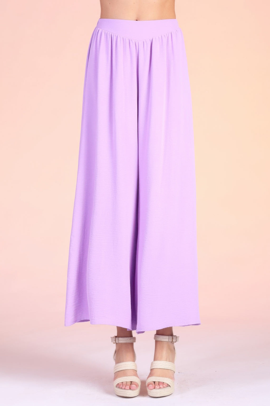 Lavender wide-leg swing pants, matte crepe, elastic waistband, flowing drape