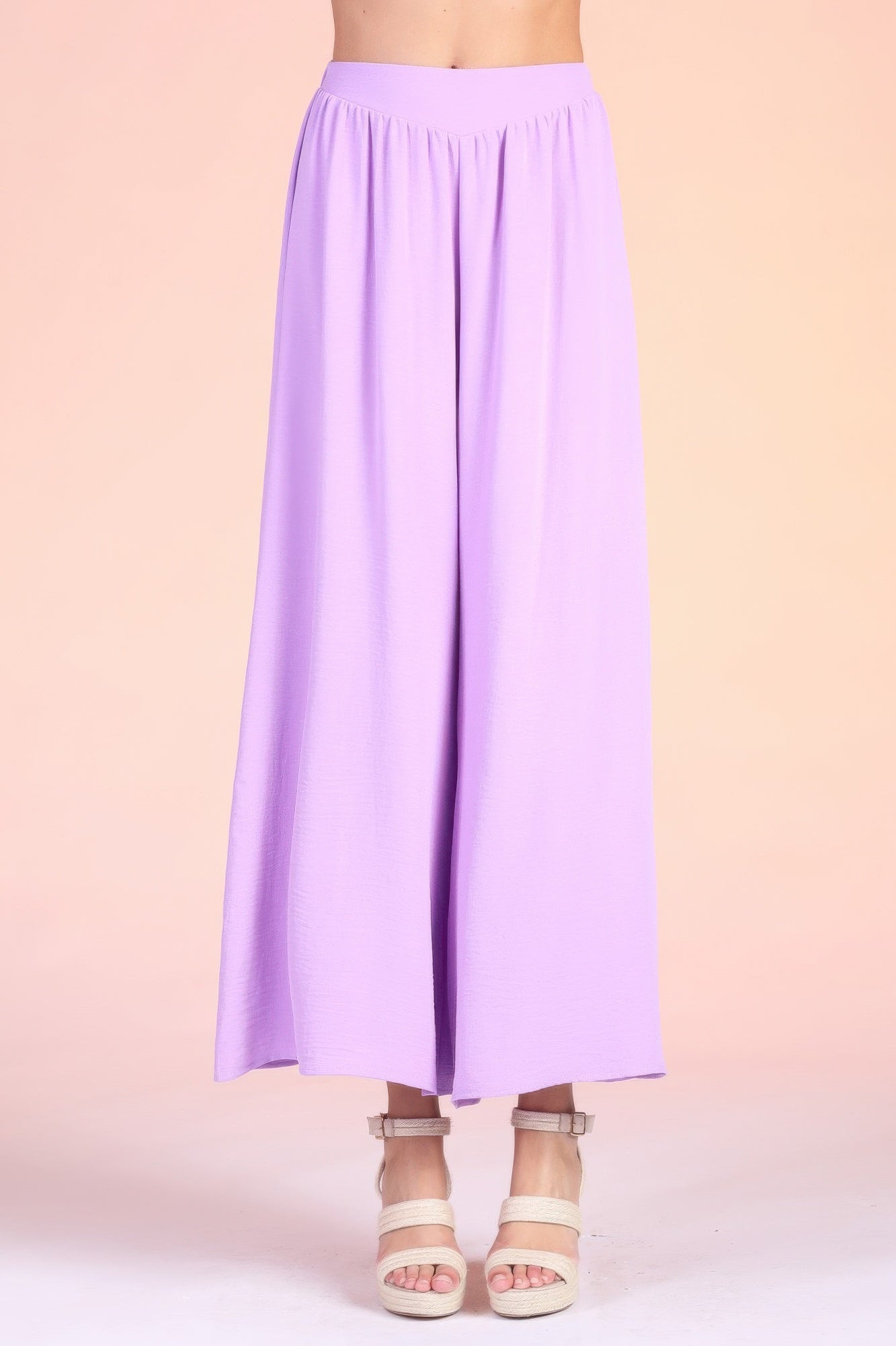 Lavender wide-leg swing pants, matte crepe, elastic waistband, flowing drape