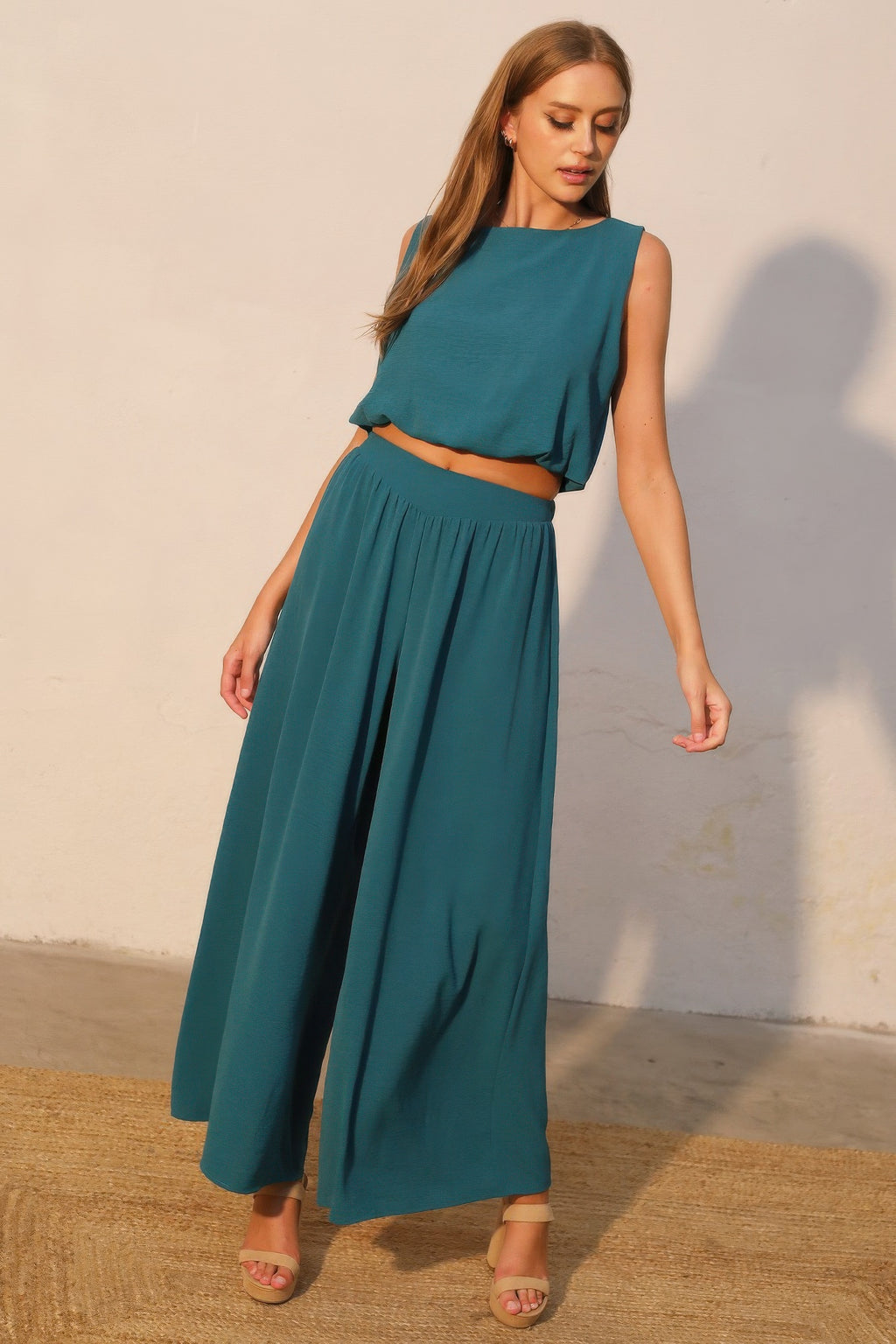 Teal wide-leg swing pants, gathered waist, loose swing silhouette