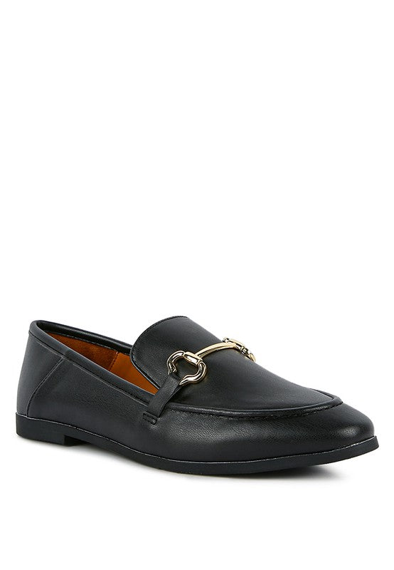 Black faux leather penny loafer with gold-tone horsebit strap and low sole.