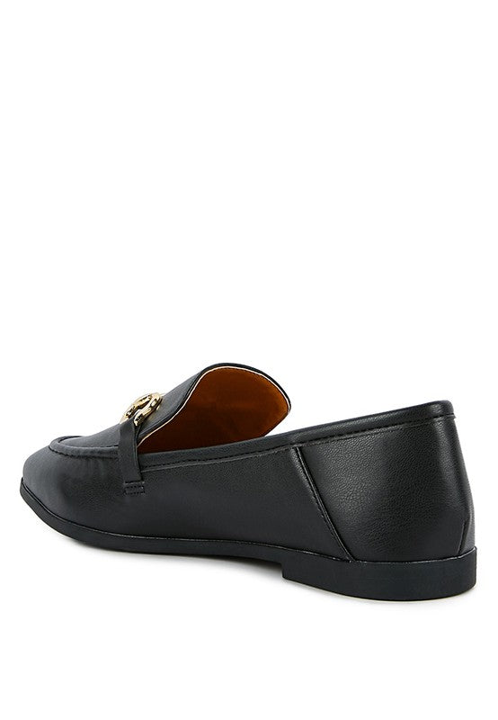 Black faux leather loafer side view, gold-tone horsebit accent, cushioned heel.