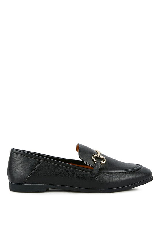 Black faux leather loafer profile with contrast stitch detail and gold-tone horsebit.
