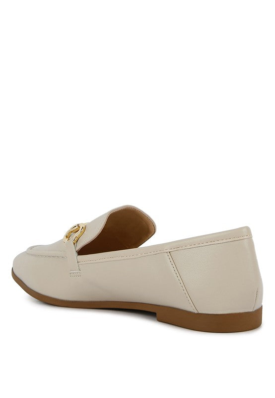 ECRU faux leather loafer back/side view with gold-tone horsebit hardware and low sole.