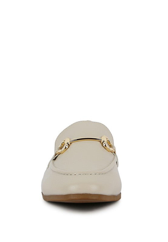 ECRU loafer back view, smooth upper with gold-tone hardware over stitched toe