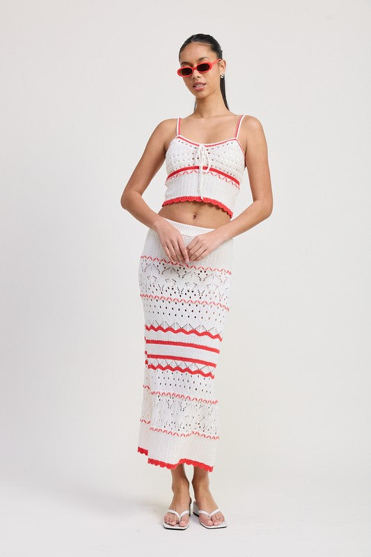 MAXI CROCHET SKIRT weiß/rot gestreift, Häkeloptik, Midilänge mit Fransen