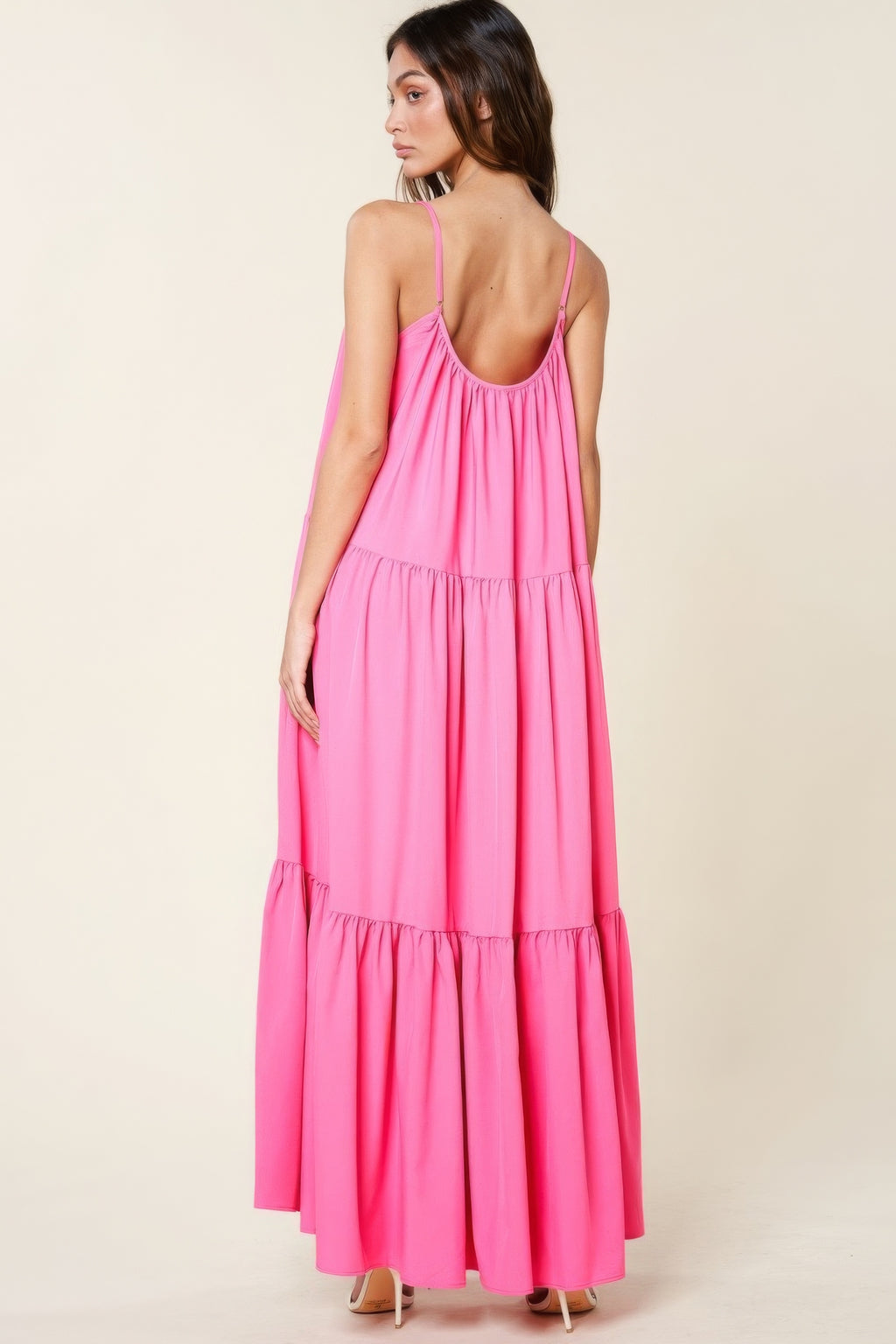 Back view: pink tiered maxi sundress with thin spaghetti straps