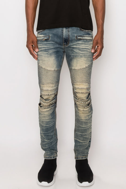 Men Creased Biker Denim Jeans - Tigbul's Variety Fashion Shop