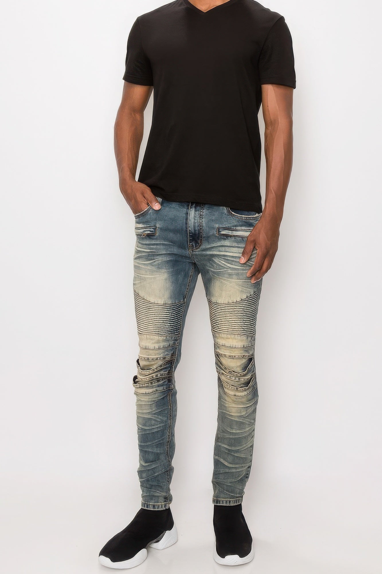 Men Creased Biker Denim Jeans - Tigbul's Variety Fashion Shop
