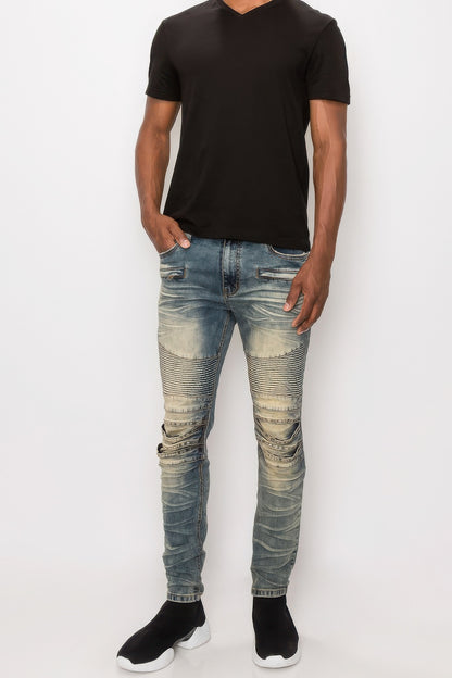 Men Creased Biker Denim Jeans - Tigbul's Variety Fashion Shop