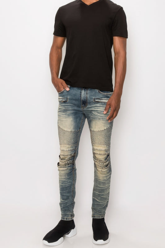 Men Creased Biker Denim Jeans - Tigbul's Variety Fashion Shop