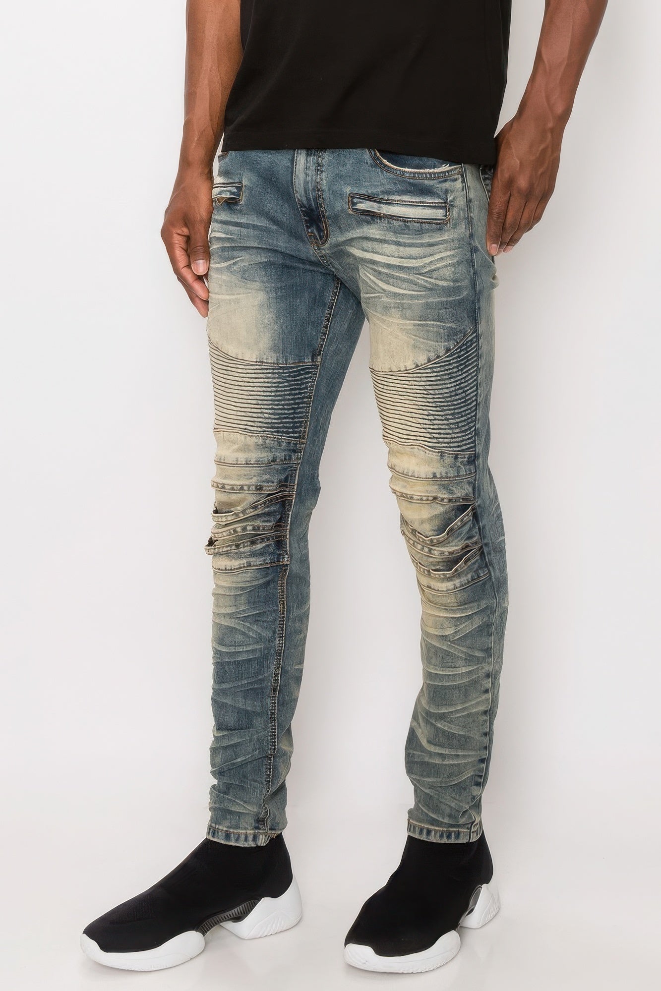 Men Creased Biker Denim Jeans - Tigbul's Variety Fashion Shop