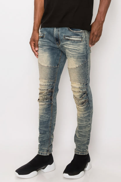 Men Creased Biker Denim Jeans - Tigbul's Variety Fashion Shop
