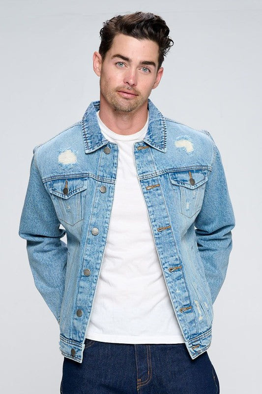 Men's Denim Jacket with Distressed - Tigbul's Variety Fashion Shop