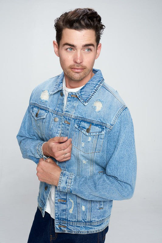 Men's Denim Jacket with Distressed - Tigbul's Variety Fashion Shop