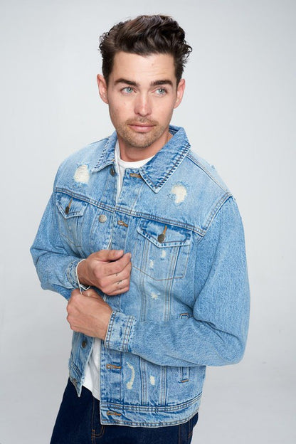 Men's Denim Jacket with Distressed - Tigbul's Variety Fashion Shop