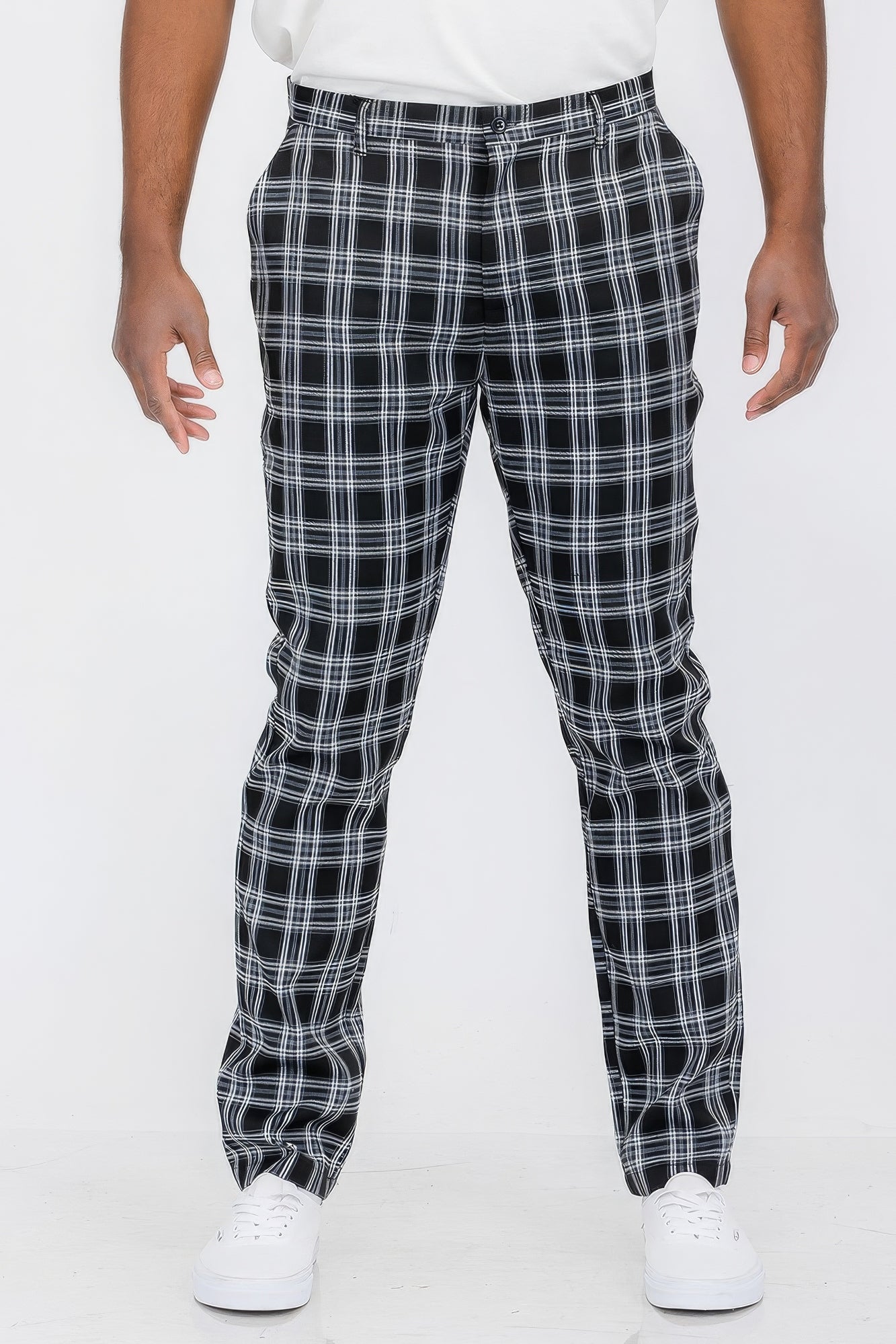 Men's plaid trouser pants, dark with white grid, belt loops and front pockets