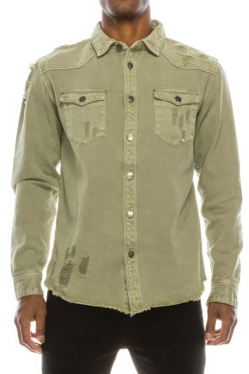 Men's ripped denim overshirt, olive green, front button placket and chest pockets
