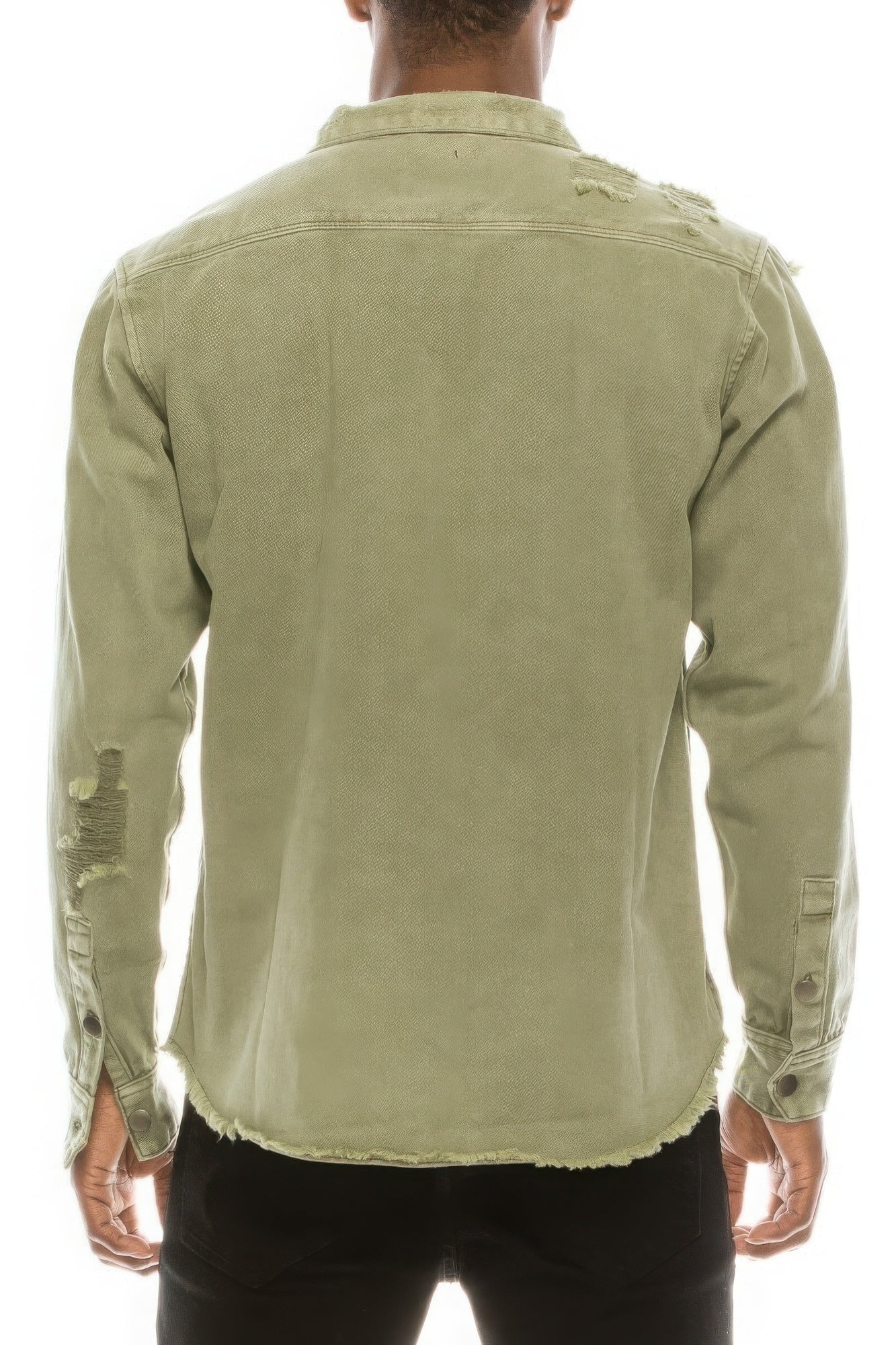 Men's ripped denim overshirt, back view, distressed shoulders and button cuffs