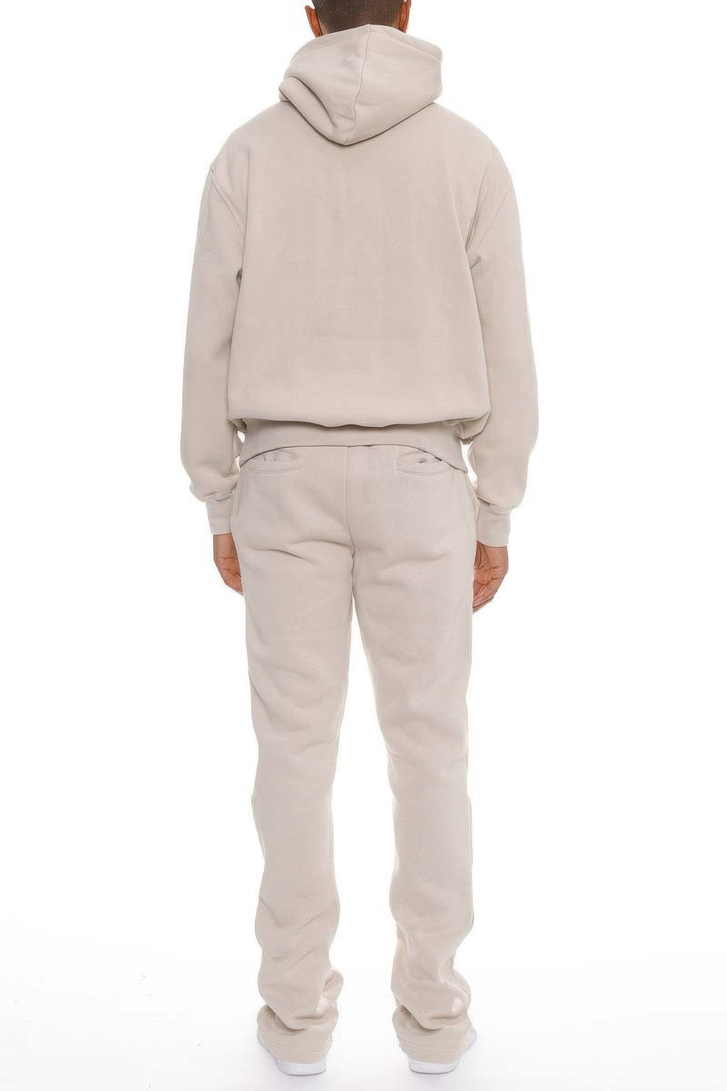 Conjunto de chándal para hombre avena, vista trasera: sudadera con capucha y pantalón acampanado