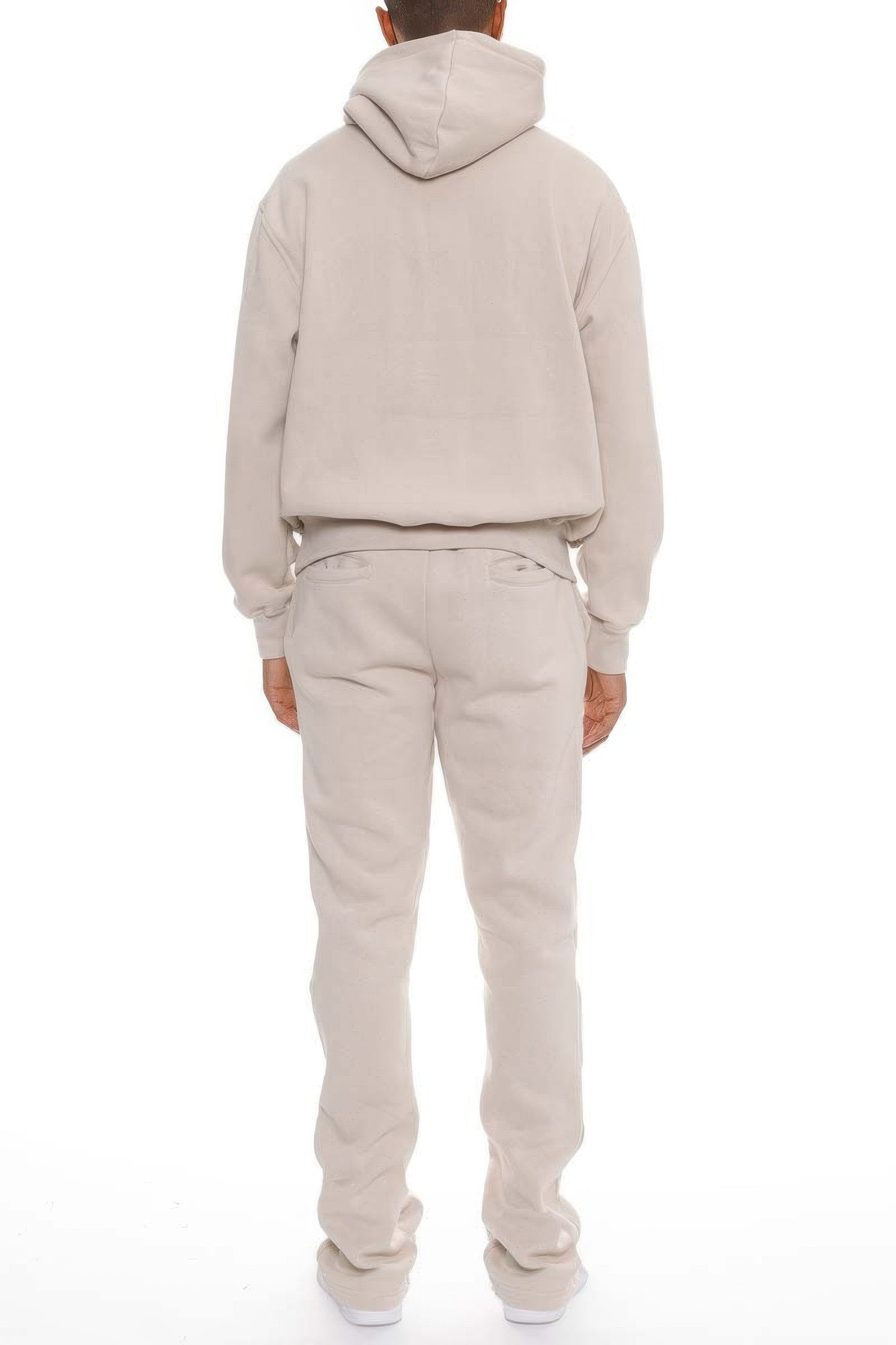 Conjunto de chándal para hombre avena, vista trasera: sudadera con capucha y pantalón acampanado