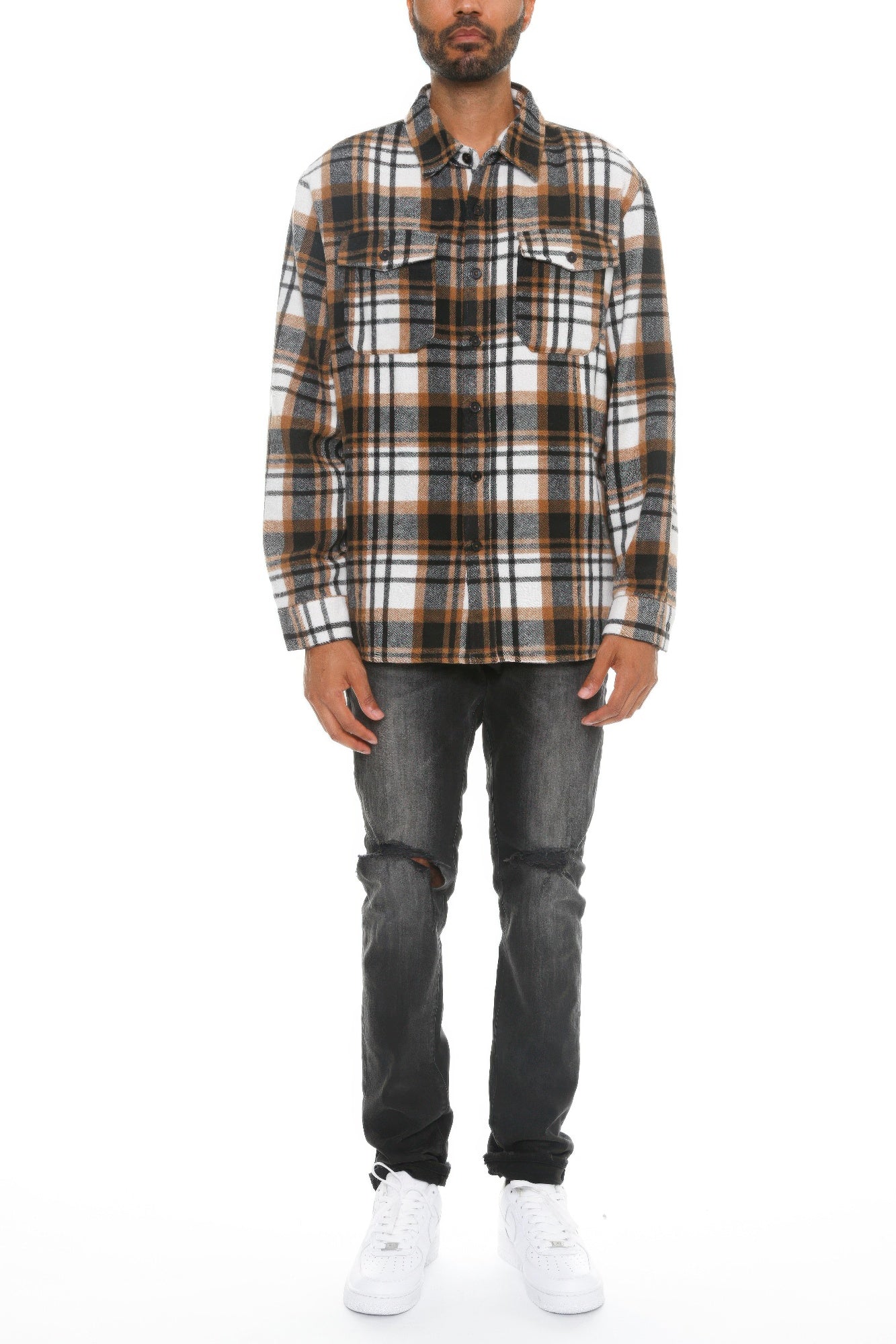 Men's checkered flannel shacket, brown plaid, long sleeves, button-front with chest flap pockets