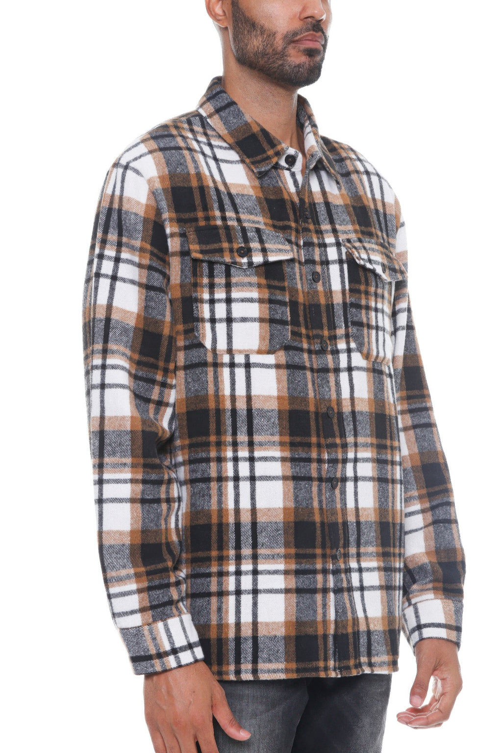 Men's checkered flannel shacket, side view, brown-and-white plaid, button-front, chest flap pockets