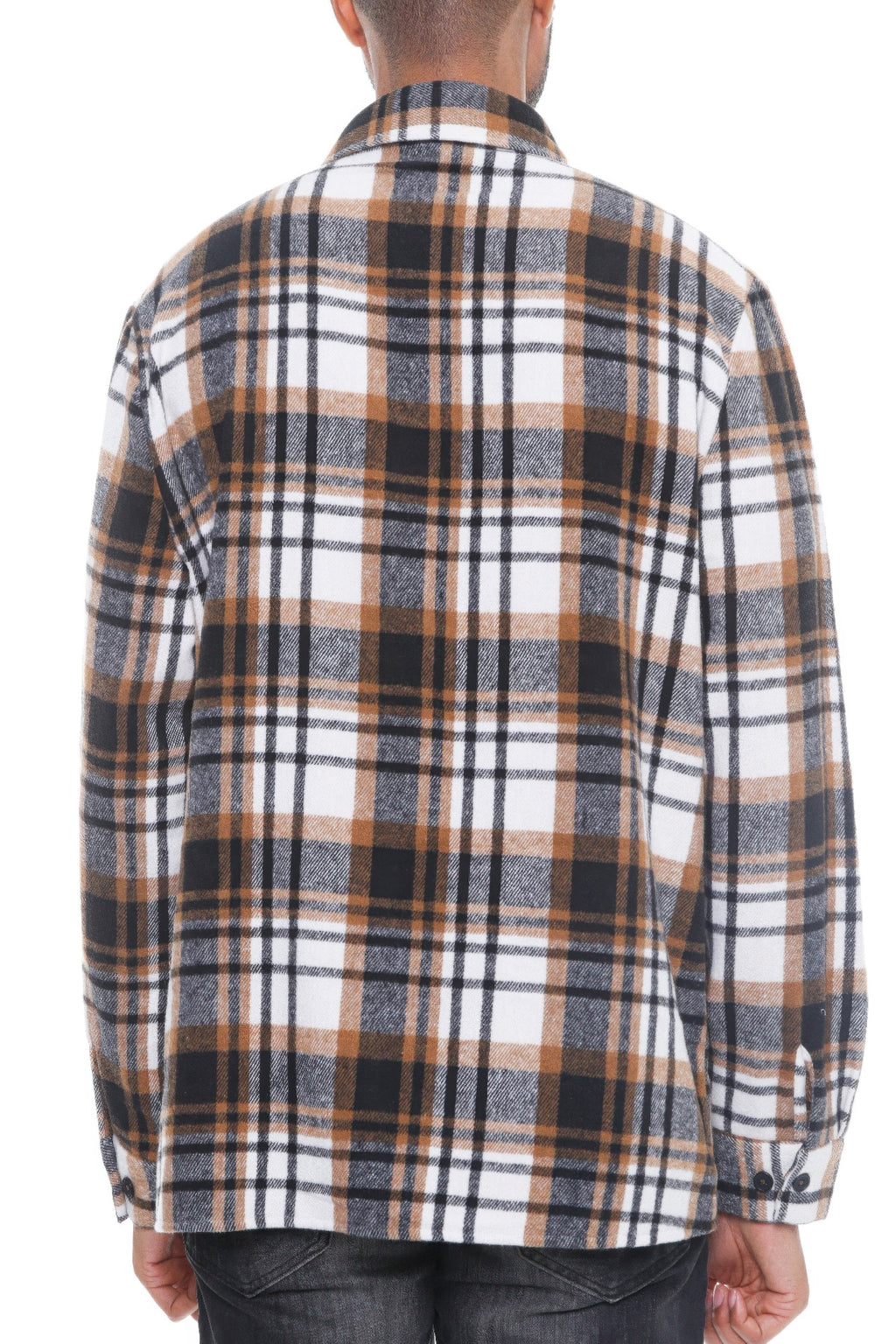 Men's checkered flannel shacket, back view, brown-and-white plaid, full-length sleeves