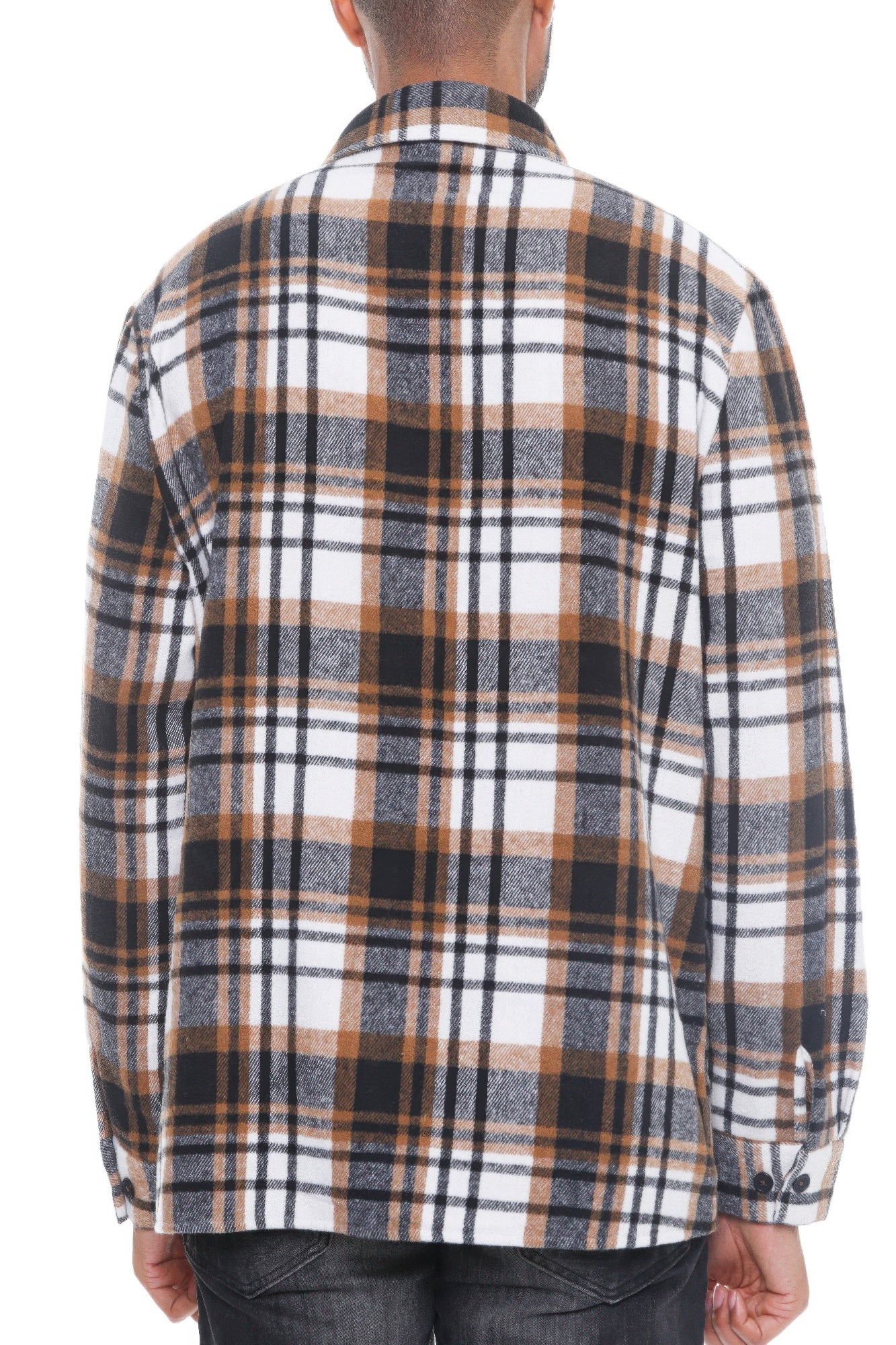 Men's checkered flannel shacket, back view, brown-and-white plaid, full-length sleeves
